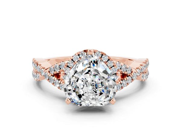 Rose gold Heart Cut Moissanite  Halo Twist Band Solitaire Prong Setting Ring