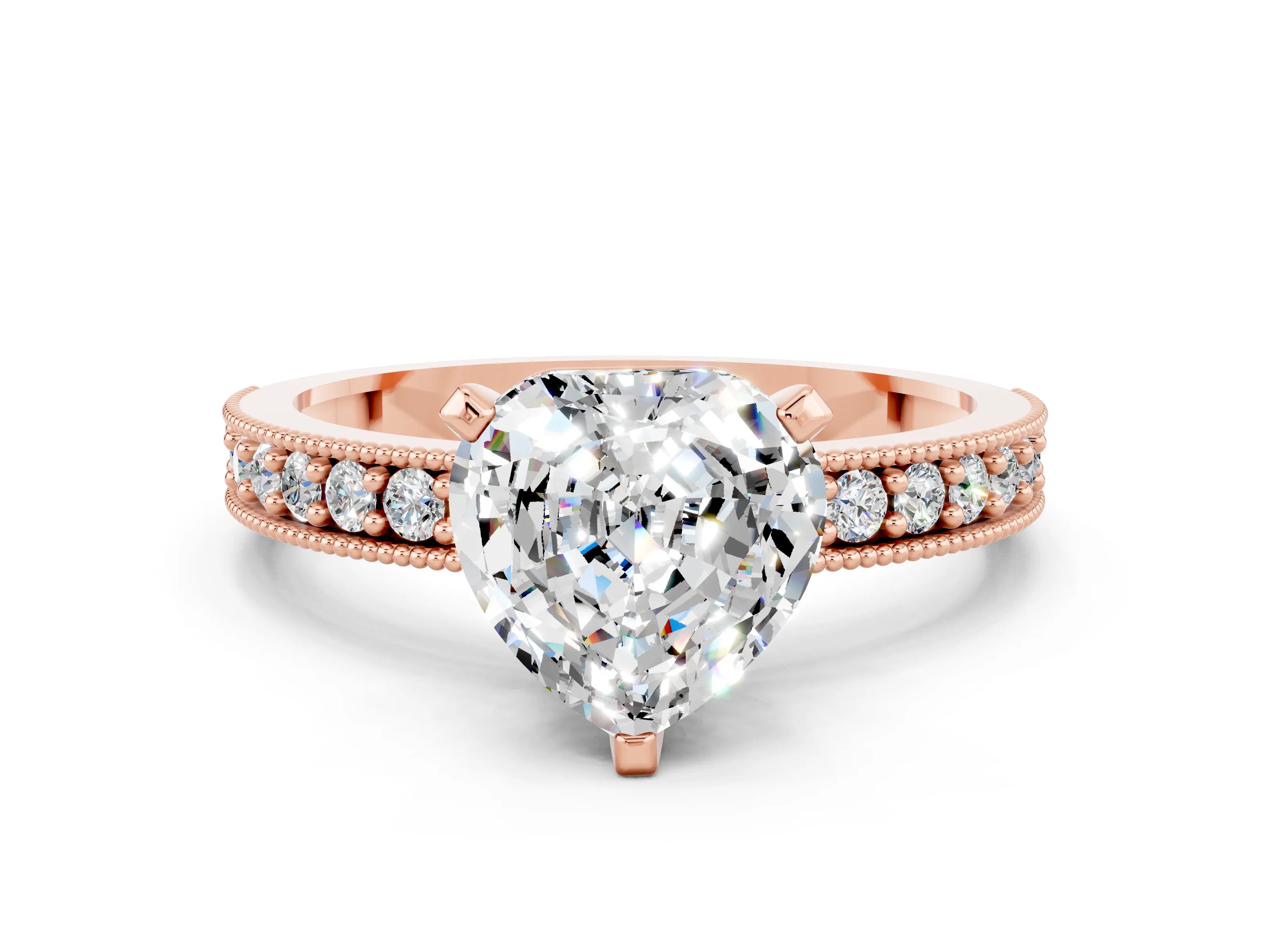 Rose gold Heart Cut Moissanite Milgrain Pavé Engagement Ring with Four-Prong Setting_12