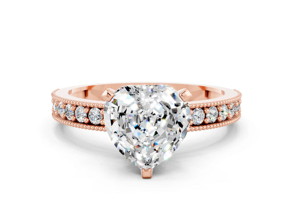Rose gold Heart Cut Moissanite Milgrain Pavé Engagement Ring with Four-Prong Setting