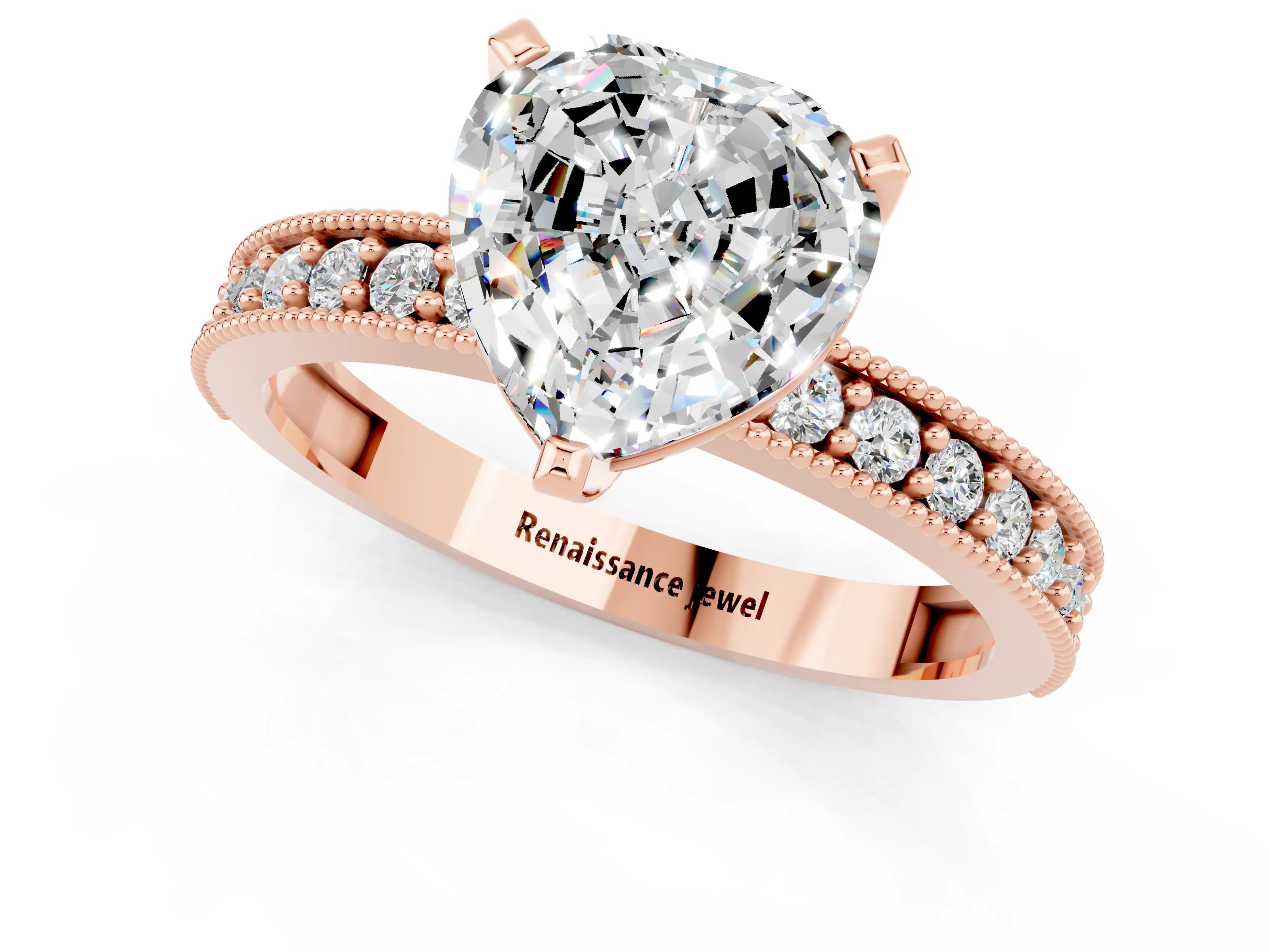 Rose gold Heart Cut Moissanite Milgrain Pavé Engagement Ring with Four-Prong Setting_13