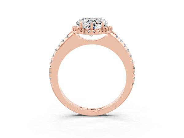 Rose gold Heart Cut Moissanite Pavé Halo Ring with Four-Prong Setting