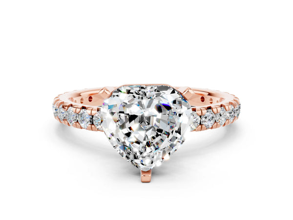 Rose gold Heart Cut Moissanite Pavé Solitaire Ring with Round Band and Prong Setting