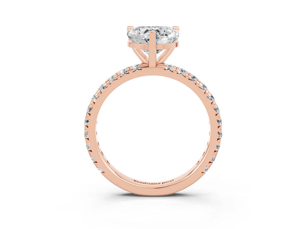 Rose gold Heart Cut Moissanite Pavé Solitaire Ring with Round Band and Prong Setting