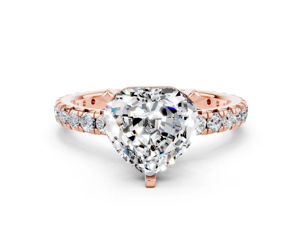 Rose gold Heart Cut Moissanite Pavé Solitaire Ring with Round Band and Prong Setting