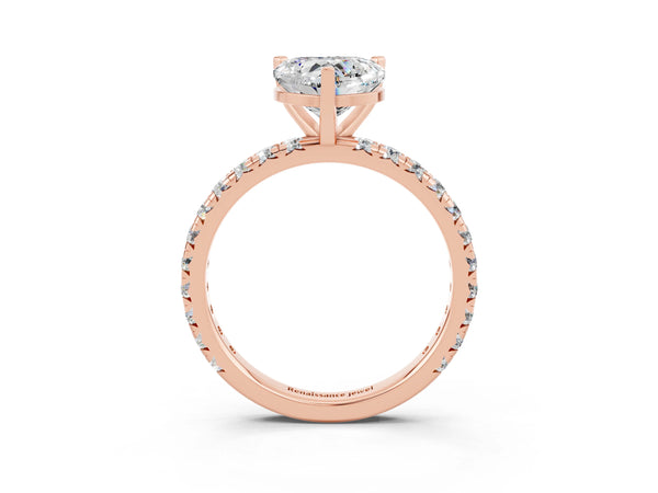 Rose gold Heart Cut Moissanite Pavé Solitaire Ring with Round Band and Prong Setting
