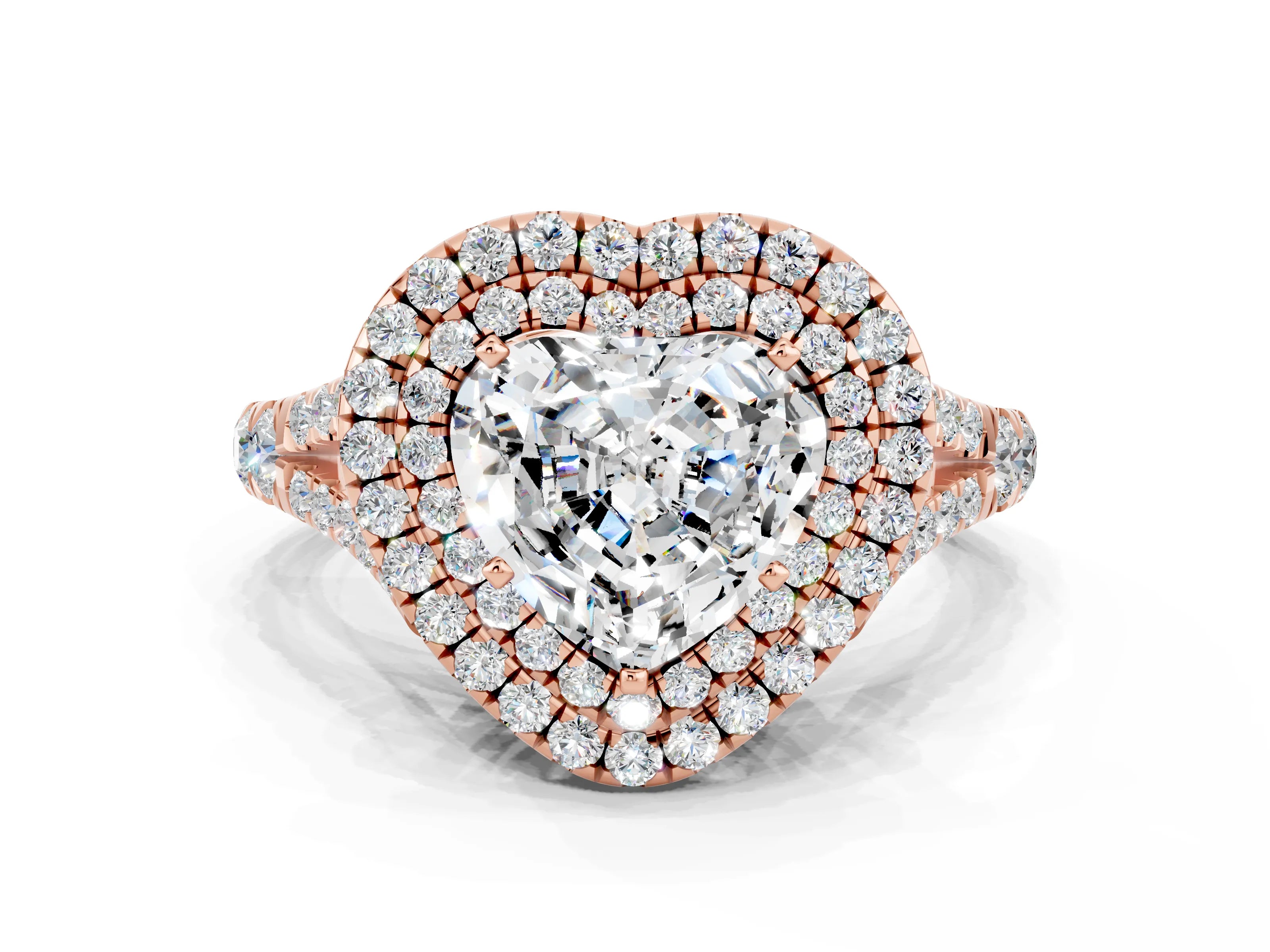 Rose gold Heart Cut Moissanite Pavé Split Shank Double Halo Engagement Ring