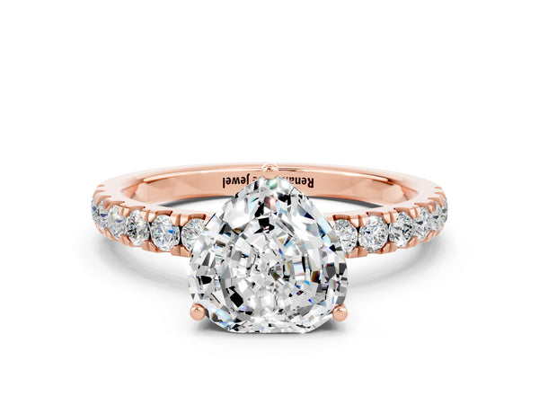 Rose gold Heart Cut Moissanite Pave Band Solitaire Ring with Round  and Prong Setting