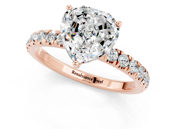 Rose gold Heart Cut Moissanite Pave Band Solitaire Ring with Round  and Prong Setting