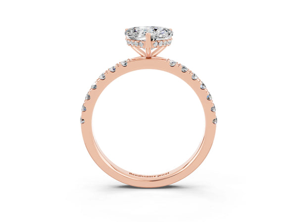 Rose gold Heart Cut Moissanite Pave Band Solitaire Ring with Round  and Prong Setting