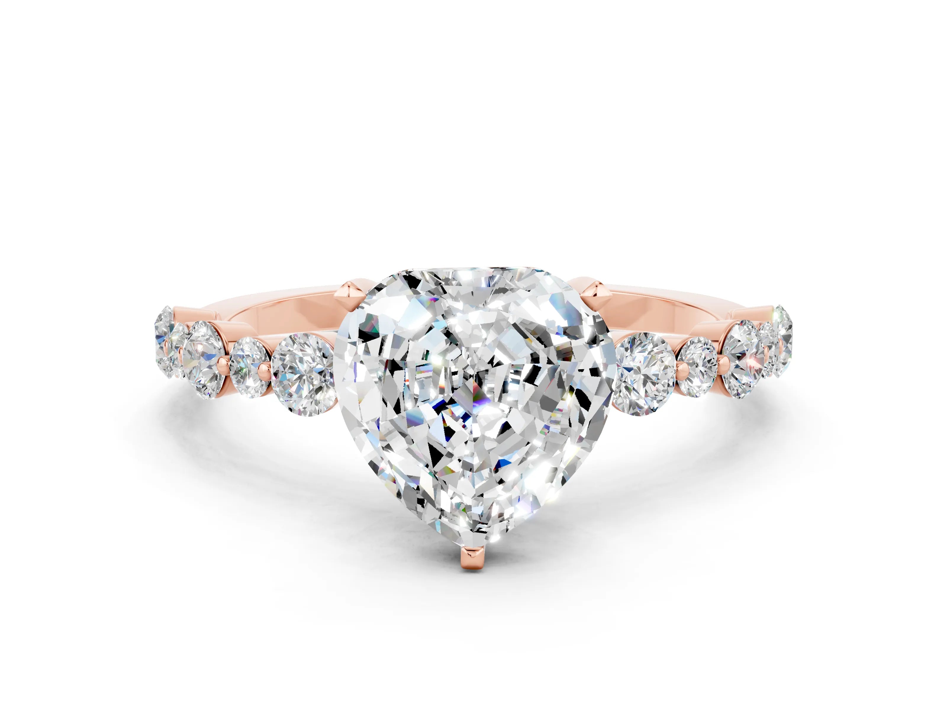 Rose gold Heart Cut Moissanite Prong Set Engagement Ring with Pavé Band