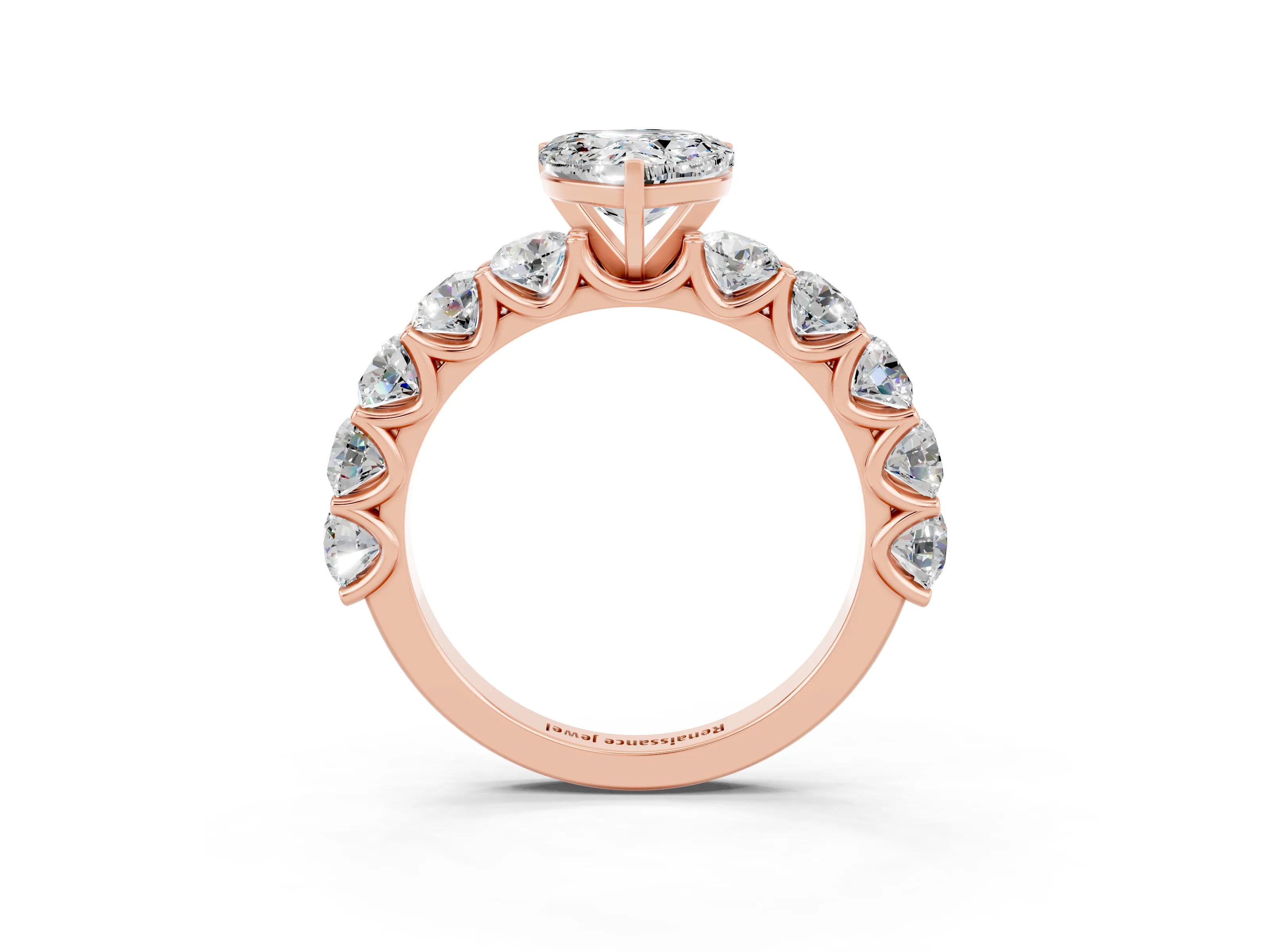 Rose gold Heart Cut Moissanite Prong Setting with Side Stones on a Pave Band_3