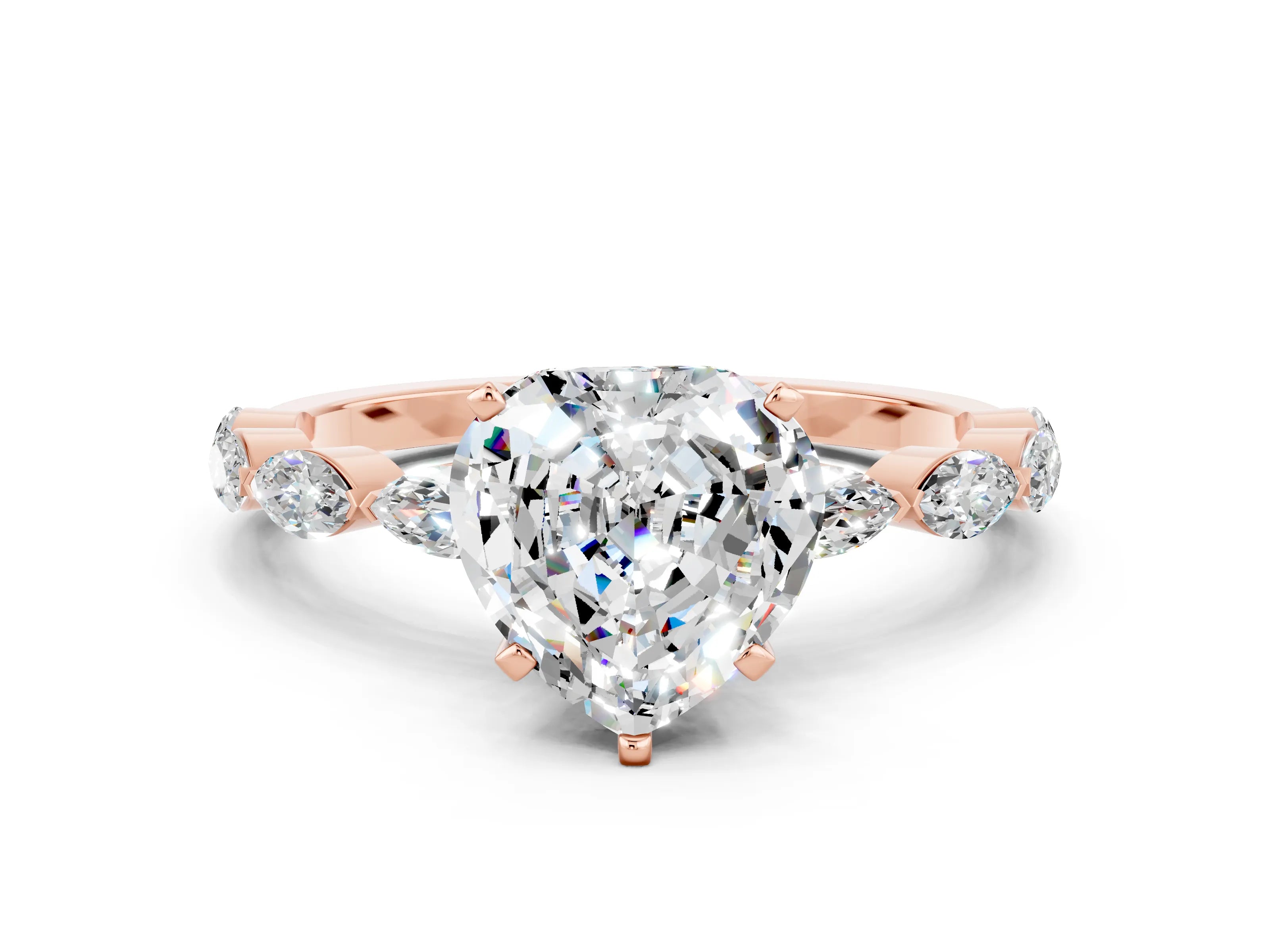 Rose gold Heart Cut Moissanite Ring with Marquise Side Stones and Prong Setting