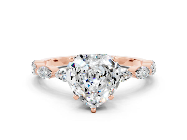 Rose gold Heart Cut Moissanite Ring with Marquise Side Stones and Prong Setting