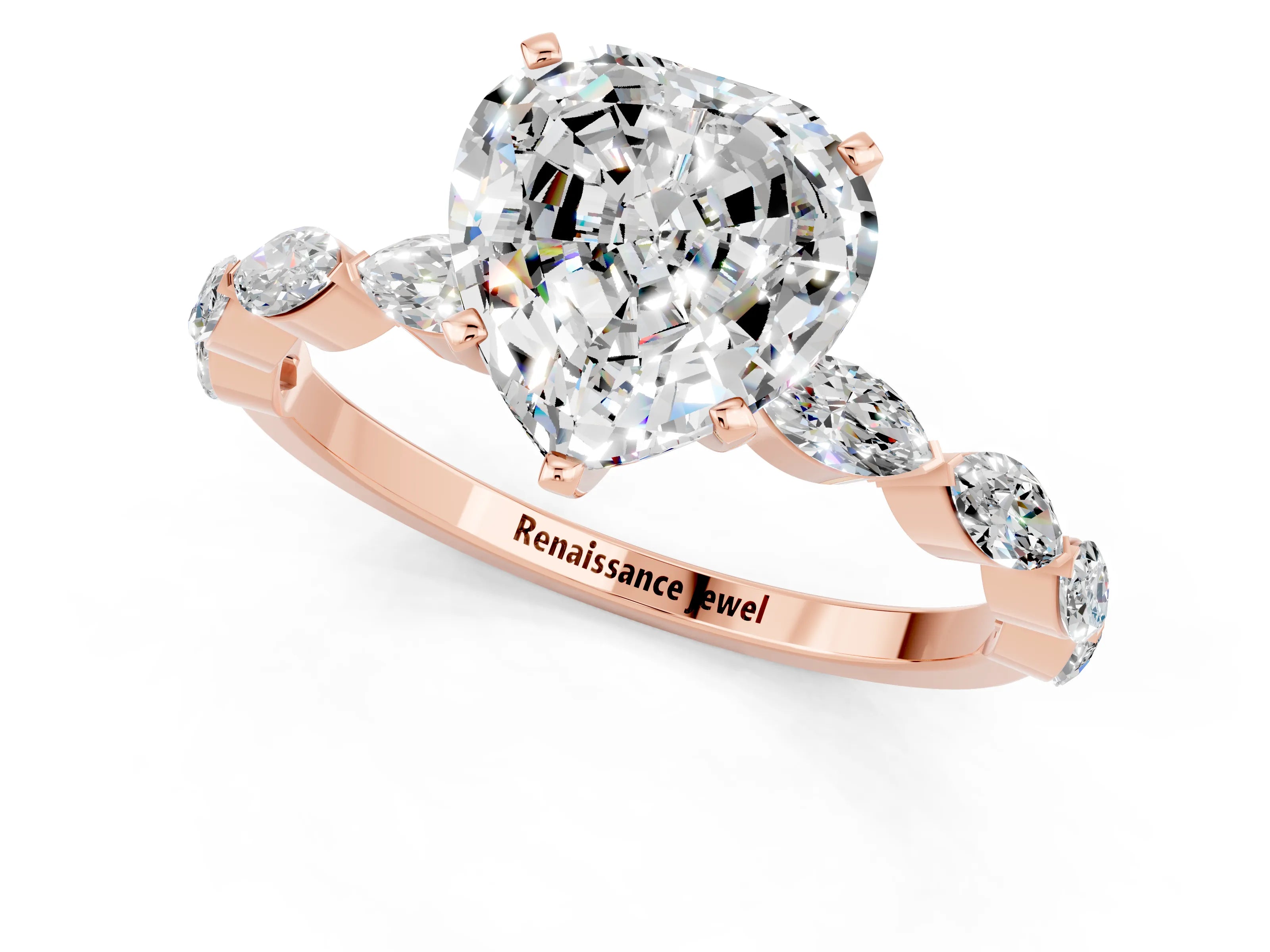 Rose gold Heart Cut Moissanite Ring with Marquise Side Stones and Prong Setting_1