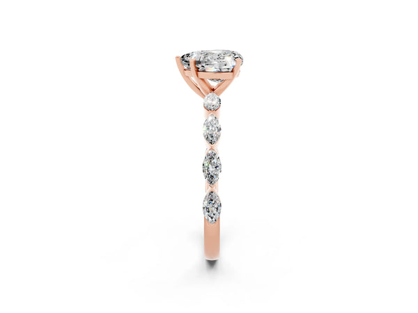 Rose gold Heart Cut Moissanite Ring with Marquise Side Stones and Prong Setting