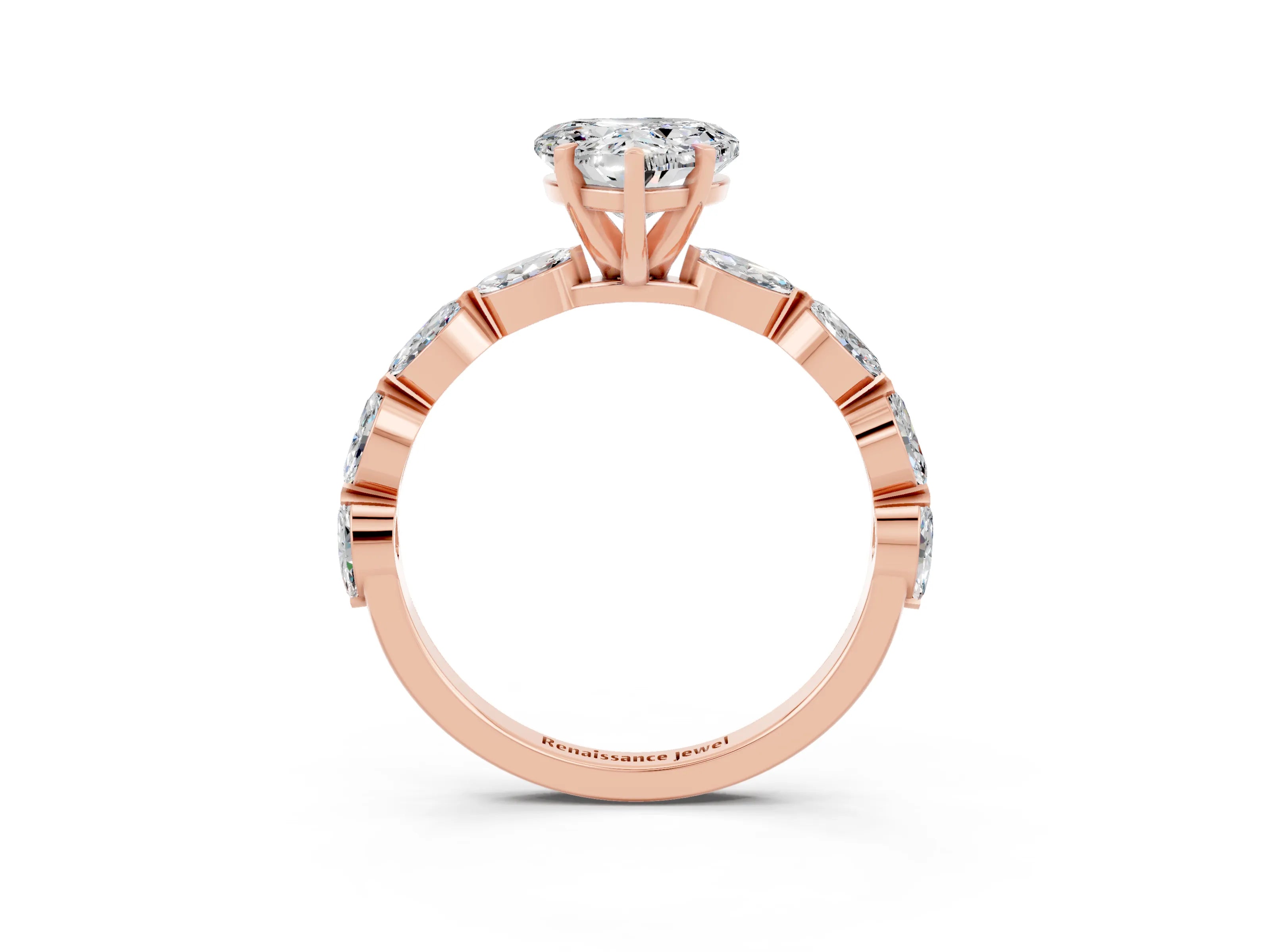 Rose gold Heart Cut Moissanite Ring with Marquise Side Stones and Prong Setting_3