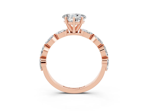 Rose gold Heart Cut Moissanite Ring with Marquise Side Stones and Prong Setting