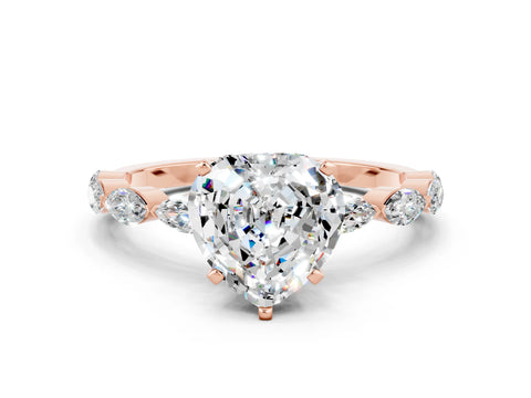 Rose gold Heart Cut Moissanite Ring with Marquise Side Stones and Prong Setting