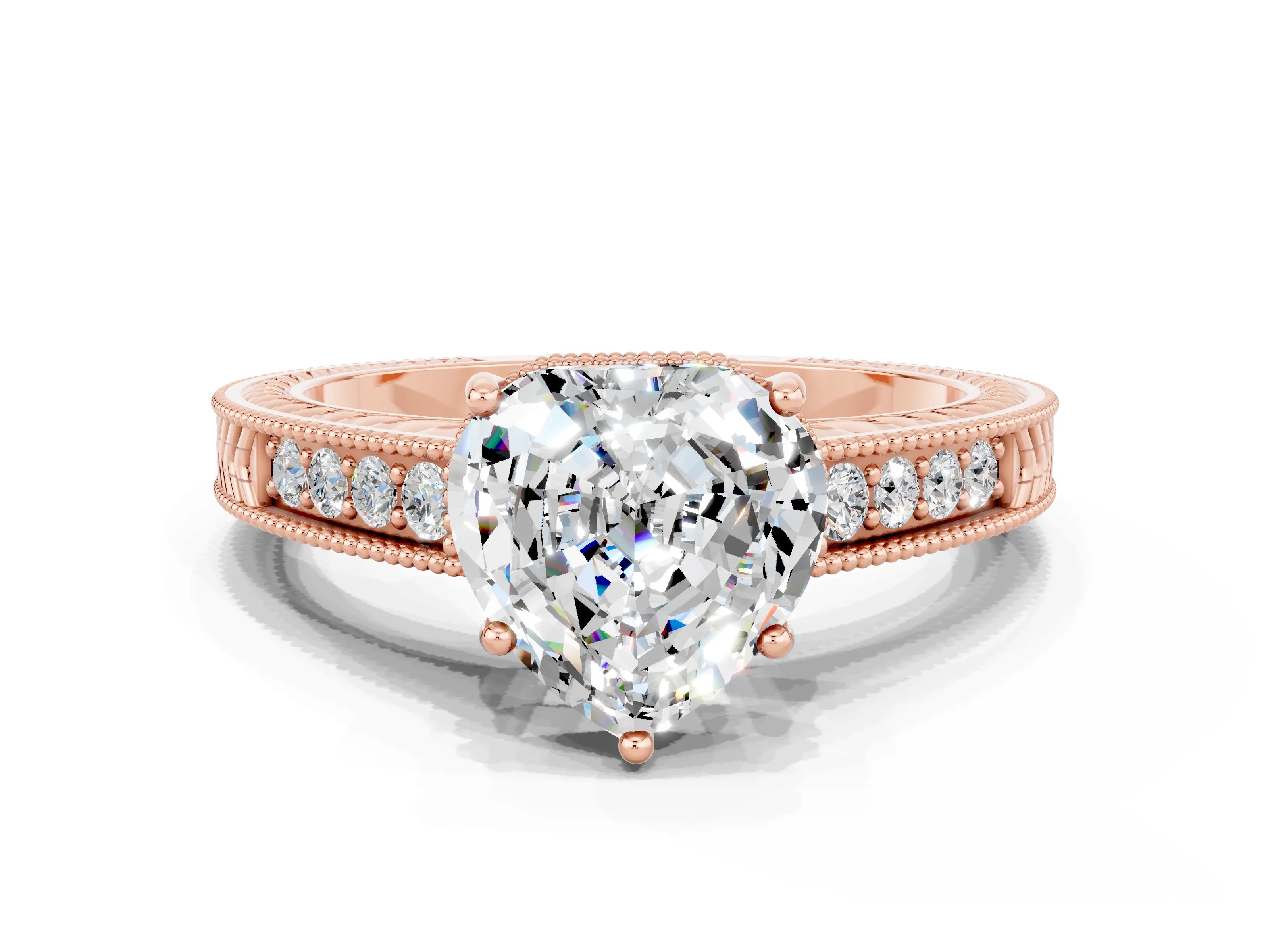 Rose gold Heart Cut Moissanite Ring with Milgrain Pavé Band and Four-Prong Setting_12