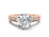 Rose gold Heart Cut Moissanite Ring with Milgrain Pavé Band and Four-Prong Setting_12