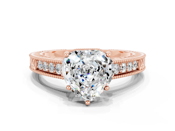Rose gold Heart Cut Moissanite Ring with Milgrain Pavé Band and Four-Prong Setting