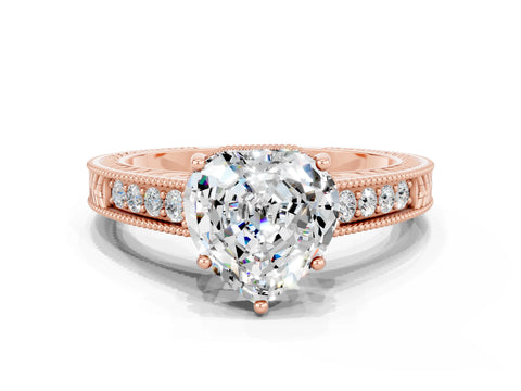 Rose gold Heart Cut Moissanite Ring with Milgrain Pavé Band and Four-Prong Setting_12