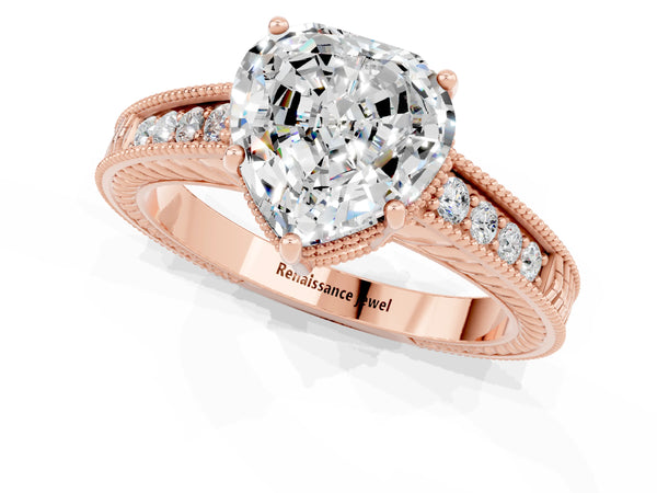 Rose gold Heart Cut Moissanite Ring with Milgrain Pavé Band and Four-Prong Setting