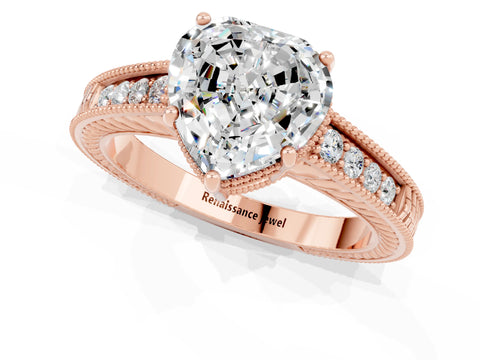 Rose gold Heart Cut Moissanite Ring with Milgrain Pavé Band and Four-Prong Setting_13
