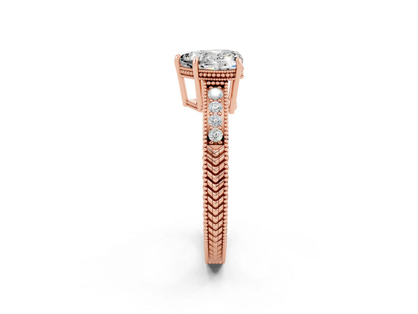 Rose gold Heart Cut Moissanite Ring with Milgrain Pavé Band and Four-Prong Setting