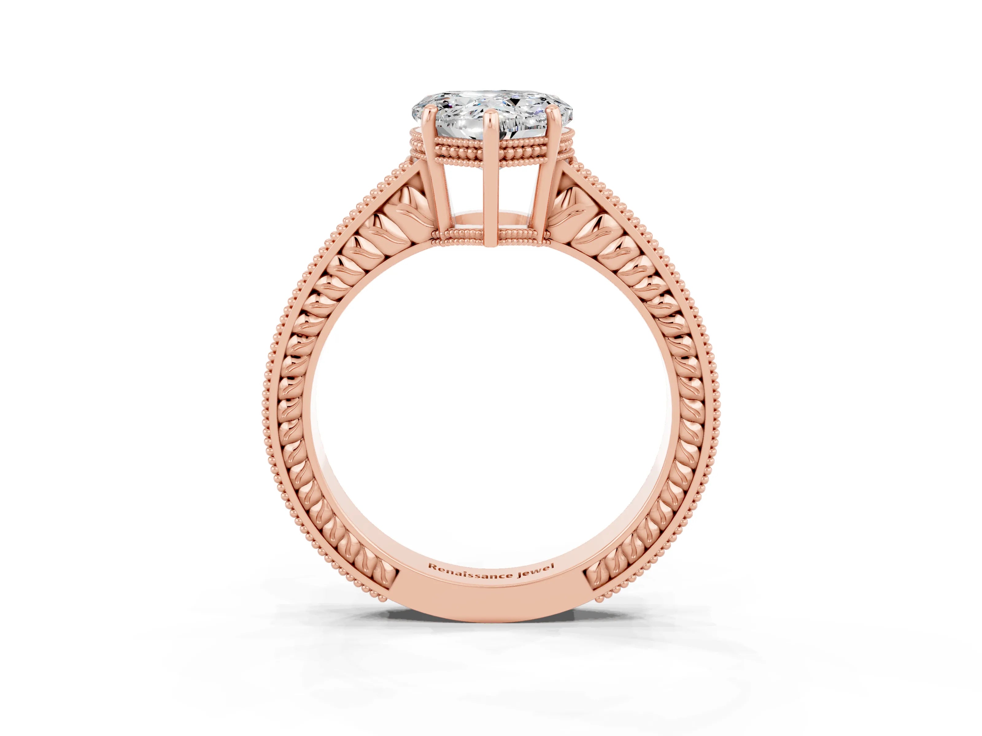 Rose gold Heart Cut Moissanite Ring with Milgrain Pavé Band and Four-Prong Setting_15