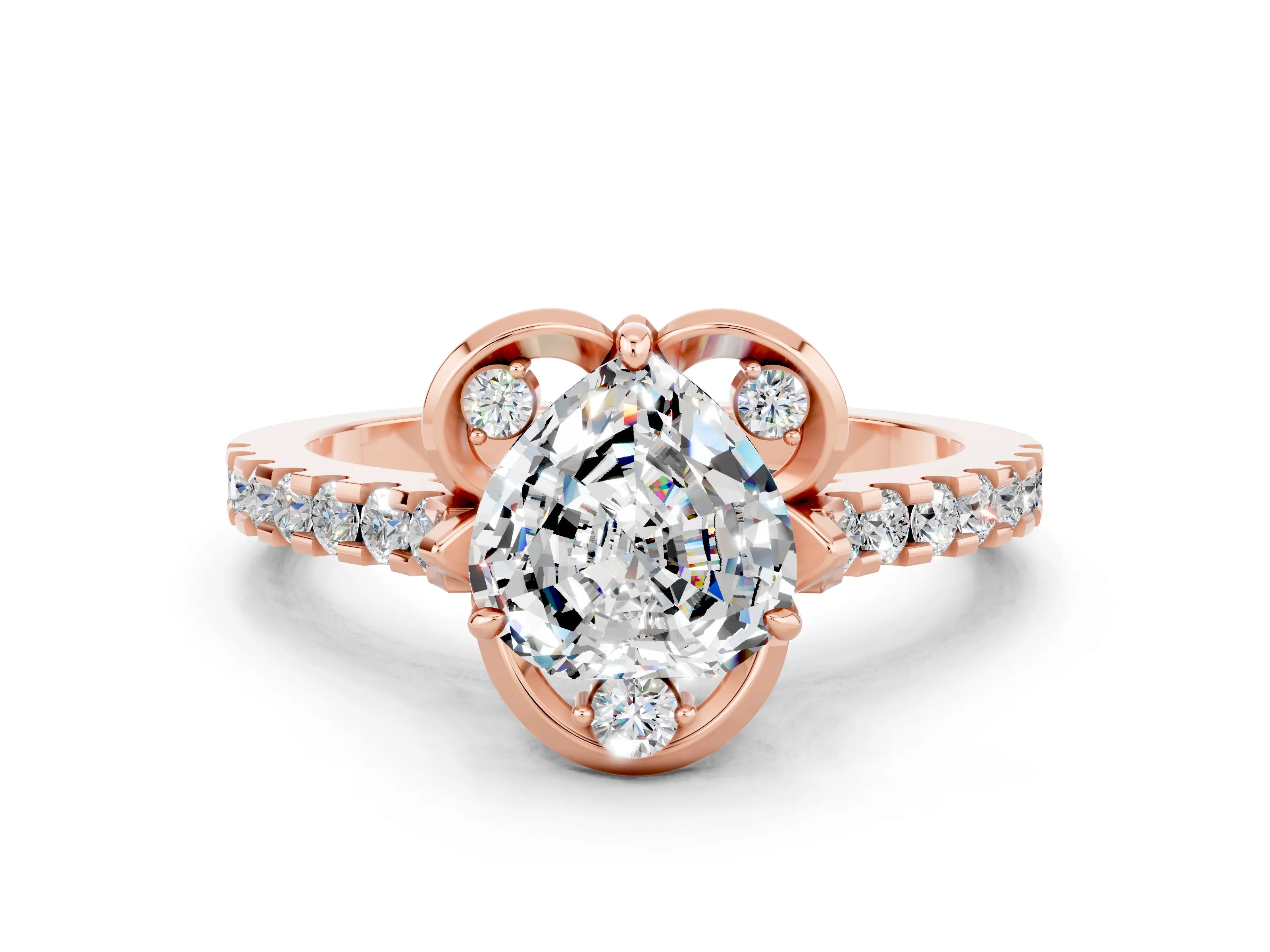 Rose gold Heart Cut Moissanite Ring with Pavé Band and Floral Prong Setting