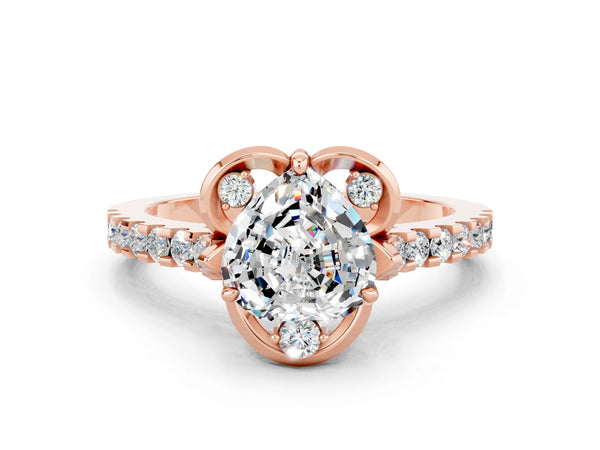 Rose gold Heart Cut Moissanite Ring with Pavé Band and Floral Prong Setting
