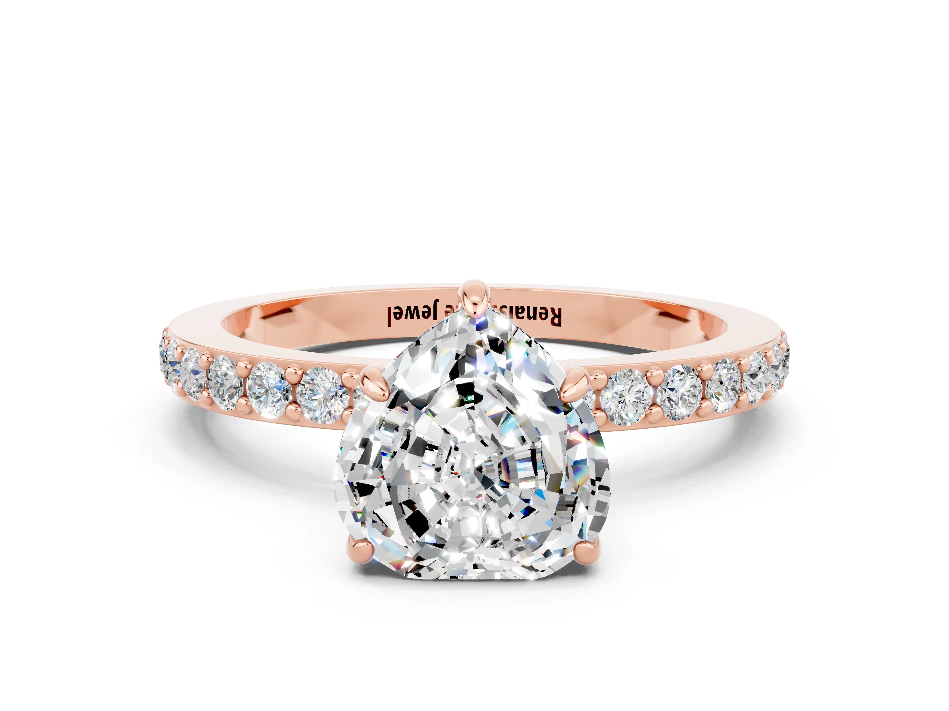 Rose gold Heart Cut Moissanite Ring with Pavé Band and Four-Prong Setting