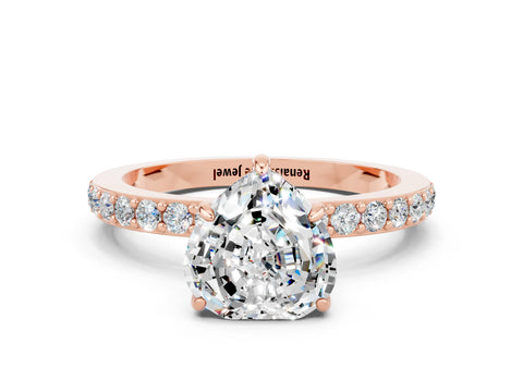 Rose gold Heart Cut Moissanite Ring with Pavé Band and Four-Prong Setting