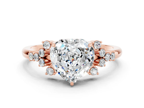 Rose gold Heart Cut Moissanite Ring with Side Stones and Four-Prong Setting