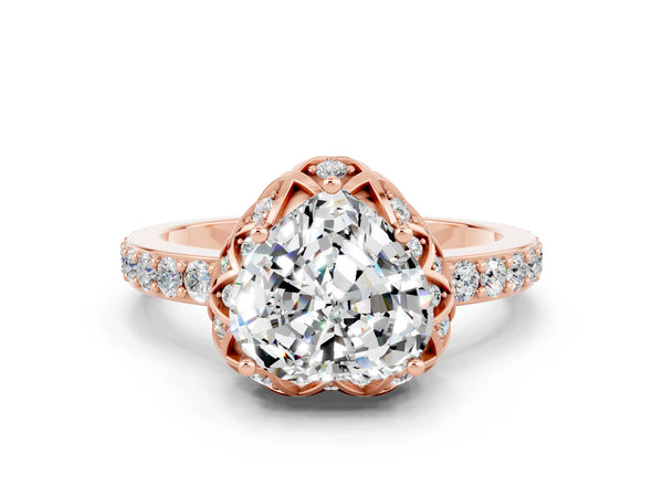 Rose gold Heart Cut Moissanite Scalloped Halo Engagement Ring with Round Shared Prong Band
