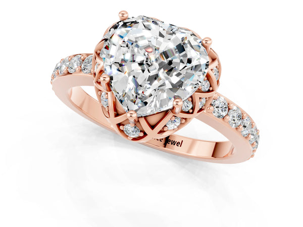 Rose gold Heart Cut Moissanite Scalloped Halo Engagement Ring with Round Shared Prong Band