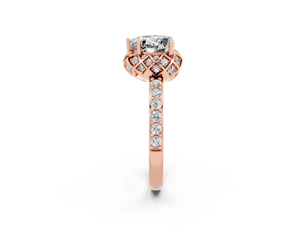 Rose gold Heart Cut Moissanite Scalloped Halo Engagement Ring with Round Shared Prong Band