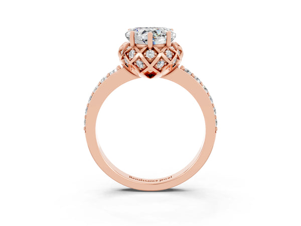 Rose gold Heart Cut Moissanite Scalloped Halo Engagement Ring with Round Shared Prong Band