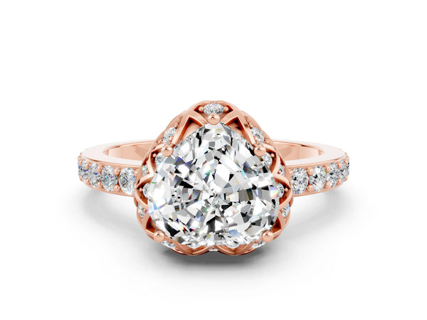 Rose gold Heart Cut Moissanite Scalloped Halo Engagement Ring with Round Shared Prong Band
