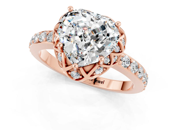 Rose gold Heart Cut Moissanite Scalloped Halo Engagement Ring with Round Shared Prong Band