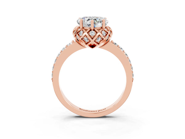 Rose gold Heart Cut Moissanite Scalloped Halo Engagement Ring with Round Shared Prong Band