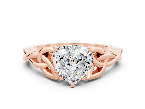 Rose gold Heart Cut Moissanite Solitaire Celtic Knot Ring with Four-Prong Setting