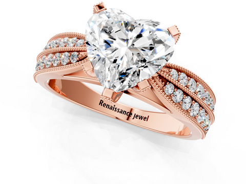 Rose gold Heart Cut Moissanite   Solitaire Diamond Ring with Milgrain Pavé Band and Four-Prong Setting_35
