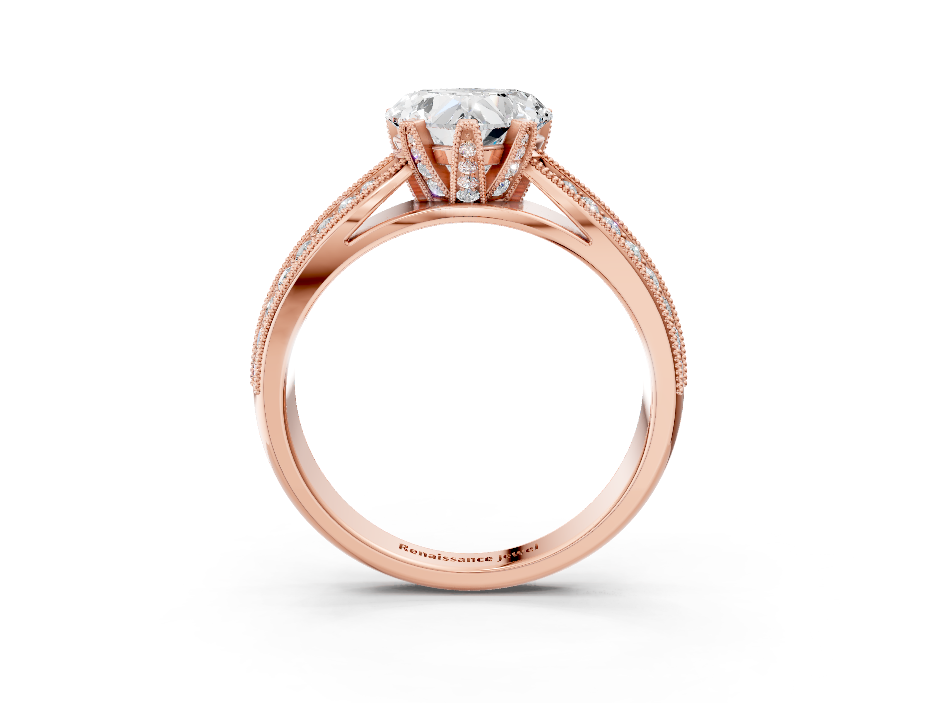 Rose gold Heart Cut Moissanite   Solitaire Diamond Ring with Milgrain Pavé Band and Four-Prong Setting_37