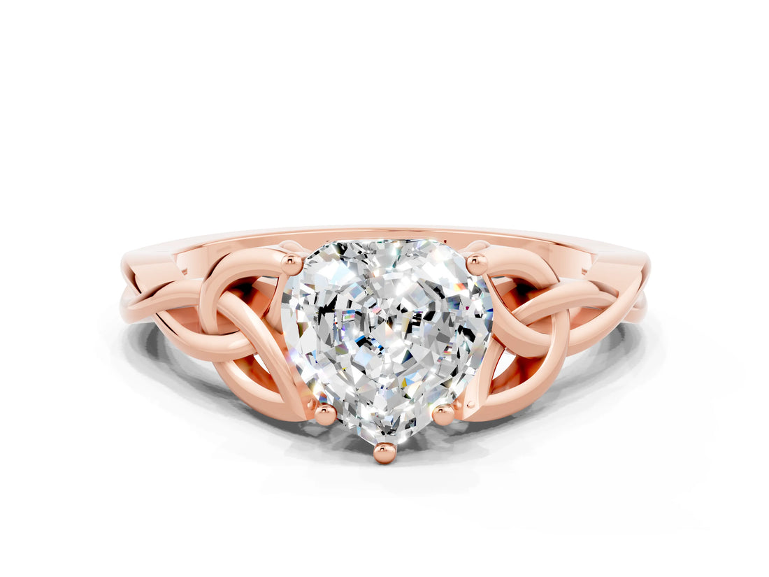 Rose gold Heart Cut Moissanite Solitaire Engagement Ring with Celtic Knot Band and Four-Prong Setting
