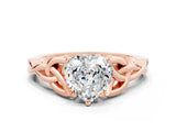Rose gold Heart Cut Moissanite Solitaire Engagement Ring with Celtic Knot Band and Four-Prong Setting