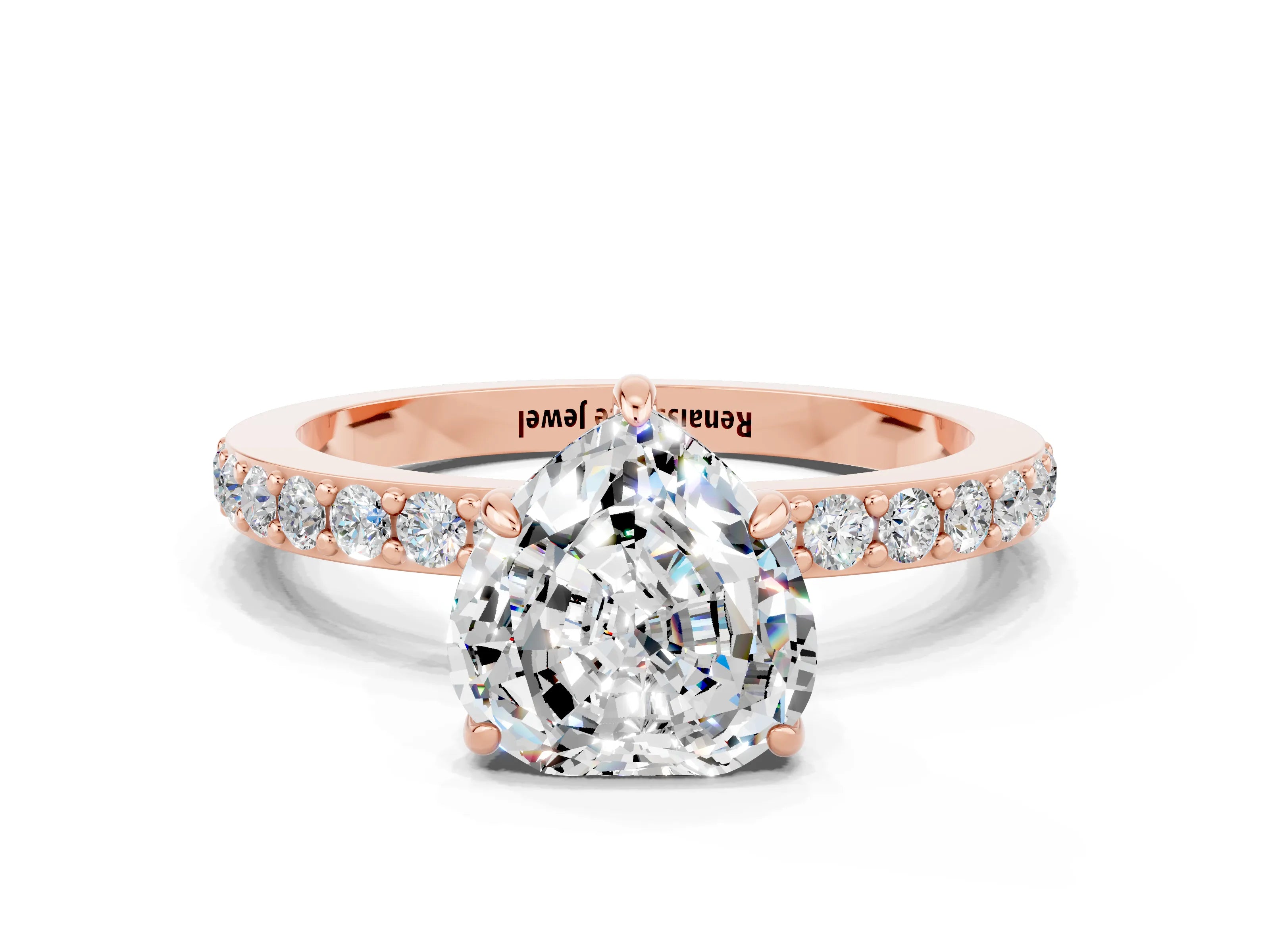 Rose gold Heart Cut Moissanite Solitaire Engagement Ring with Pavé Band and Four-Prong Setting