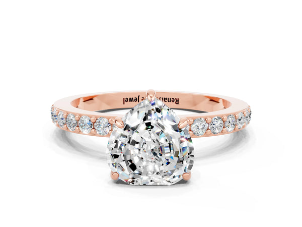 Rose gold Heart Cut Moissanite Solitaire Engagement Ring with Pavé Band and Four-Prong Setting