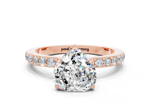 Rose gold Heart Cut Moissanite Solitaire Engagement Ring with Pavé Band and Four-Prong Setting